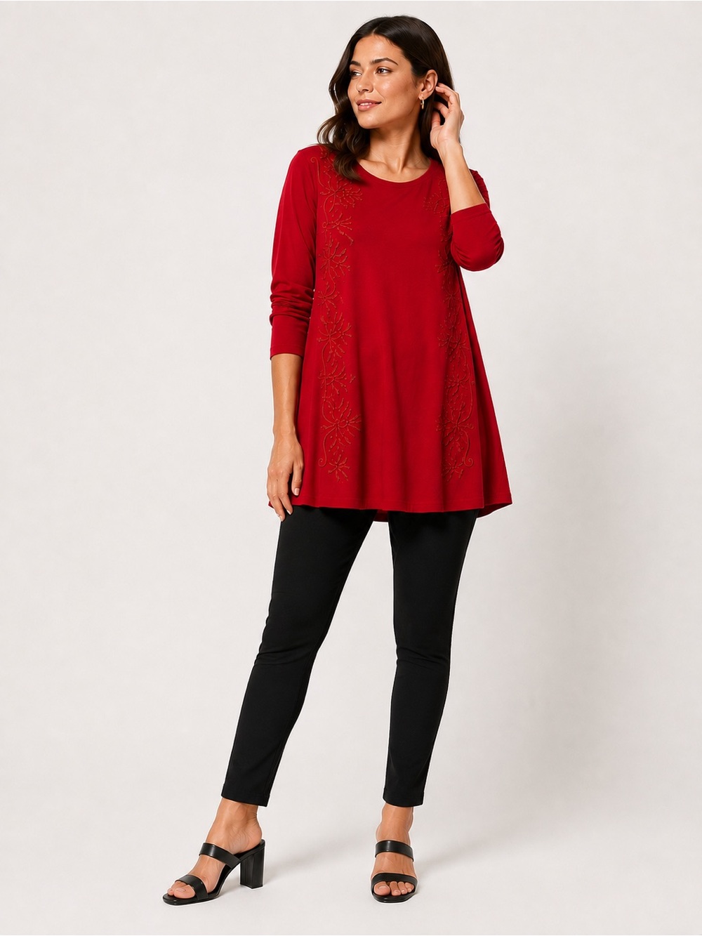 J.Jill Women’s L Tall Red Embroidered Long Sleeve A-Line Tunic Top